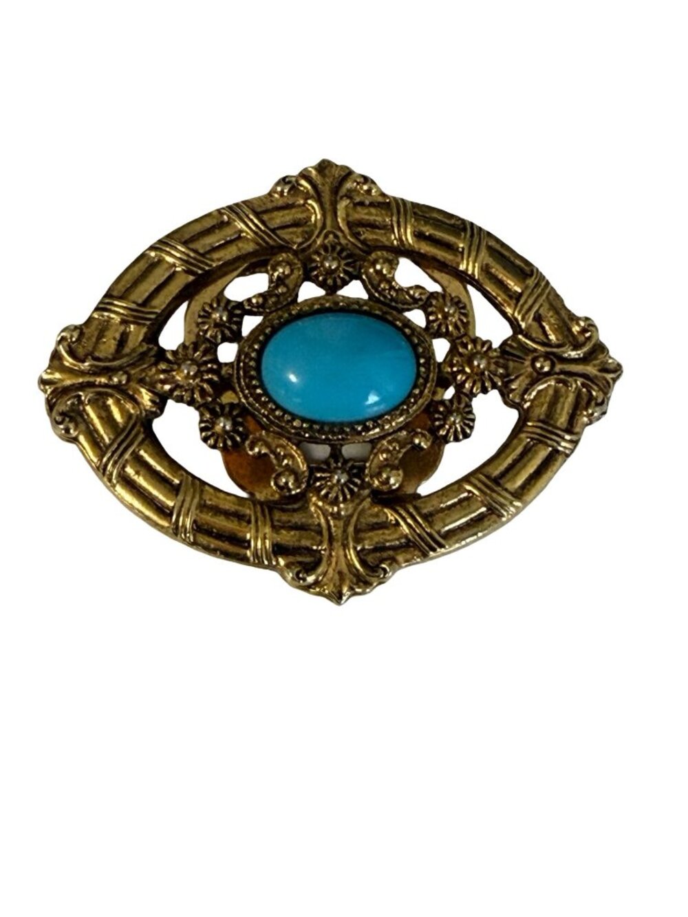 ART Gold Tone Faux Turquoise Sweater Guard Brooch Convertible Clip Pin Vintage